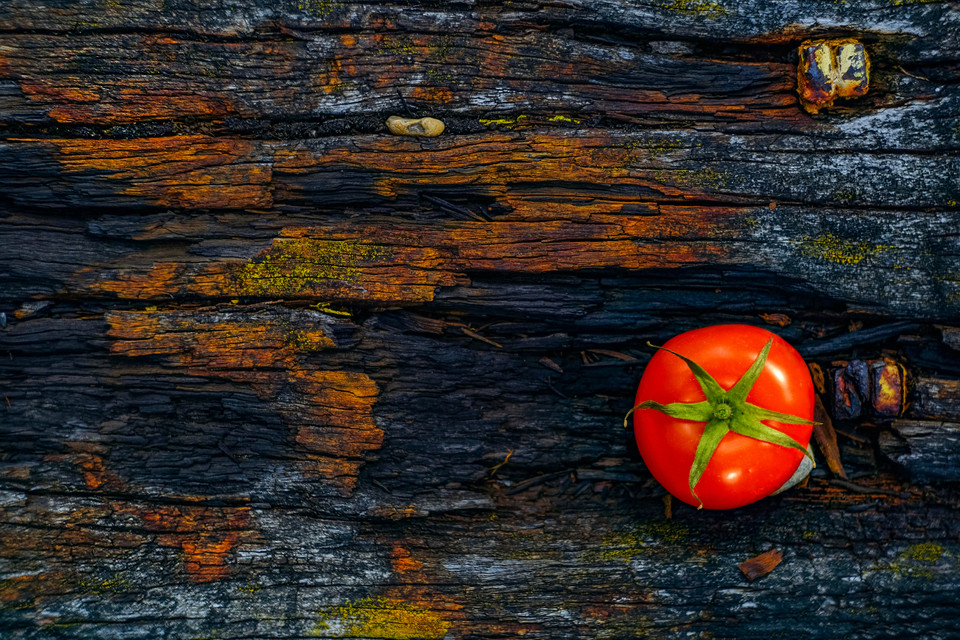 a picture of a tomato on a pice of wood